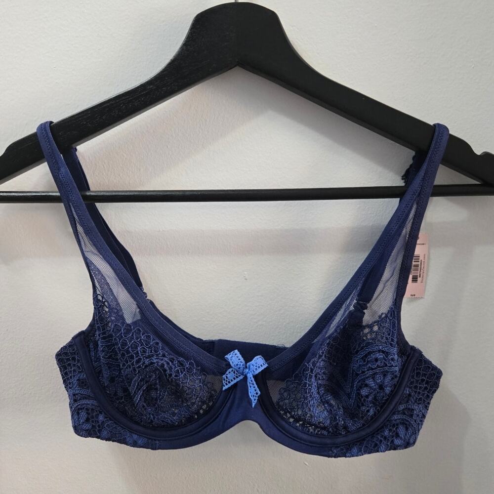 Victoria's Secret Body by Victoria Lace Unlined Demi Bra Navy Blue Sz 32B New